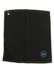 Black clip on towel with blue and white logo