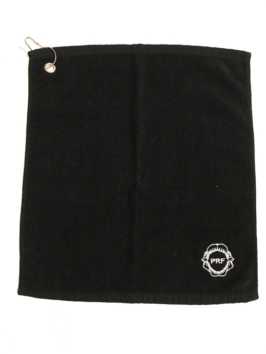 Pre-Order Black clip on towel with a white on white logo